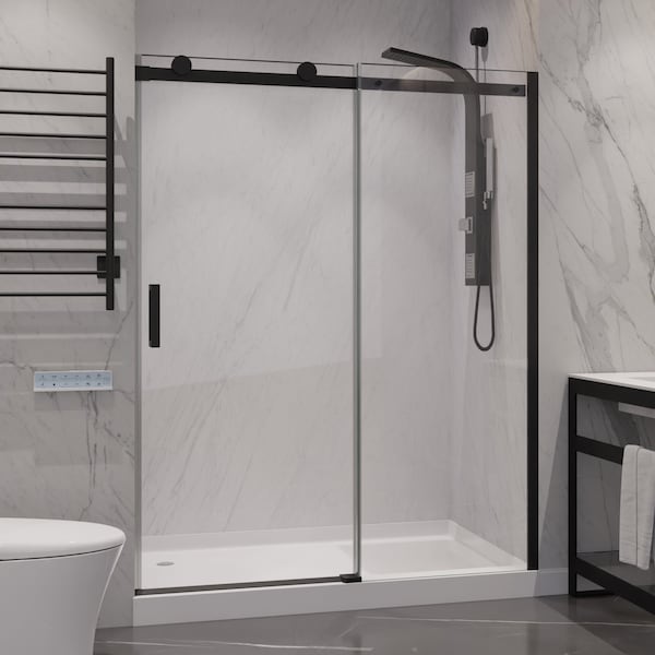 Anzzi 48 in. x 76 in. H Sliding Frameless Shower Door in Matte Black w/ Tsunami Guard Tempered Glass SD-FRLS05701MB - main